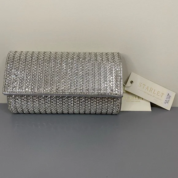 NWT Starlet Hollywood CA Silver Sparkling Stone Clutch Bag Shoulder Purse - Picture 3 of 16